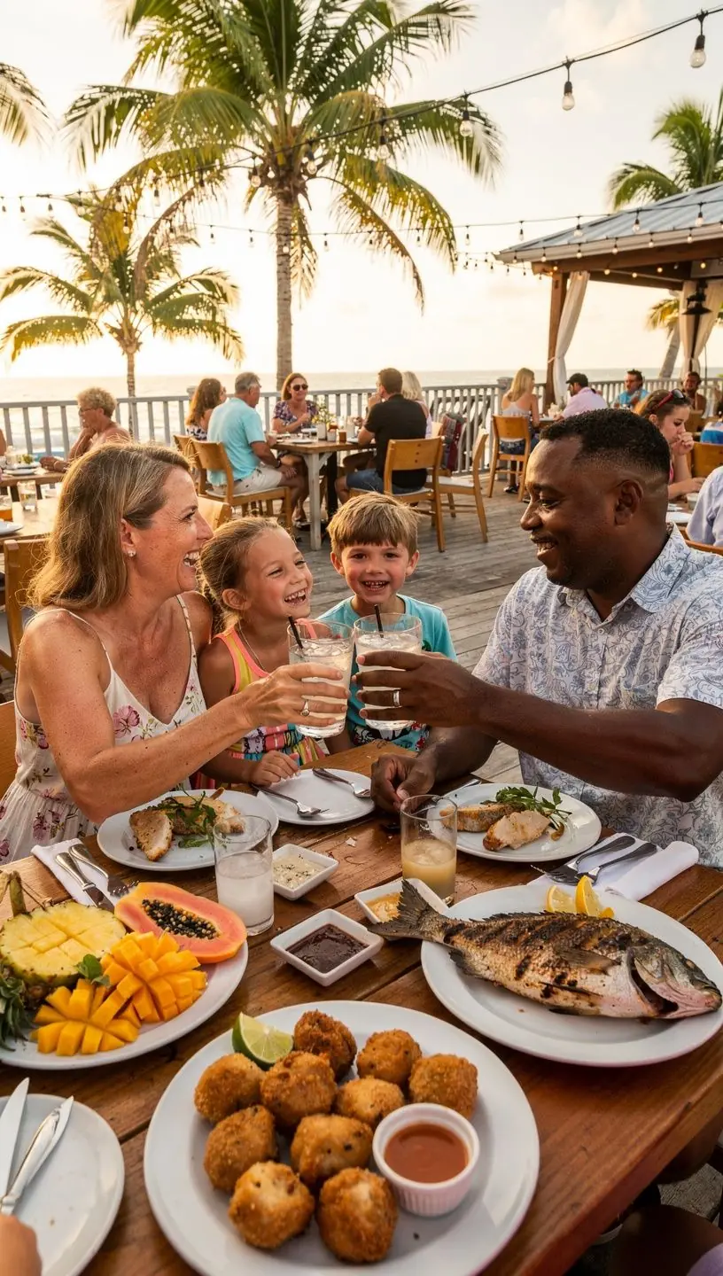 Уютный ресторан на берегу, предлагающий морепродукты и наслаждение закатом над океаном.