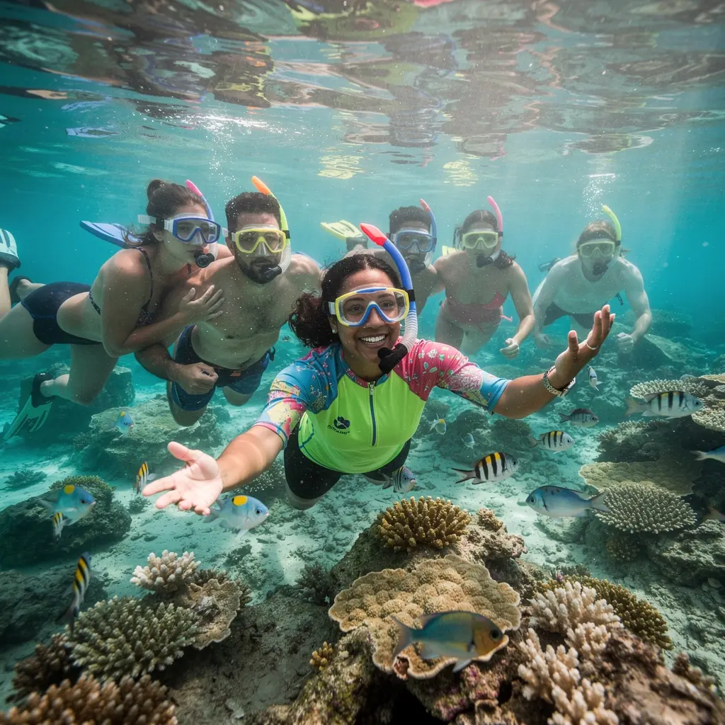Удивительный закат над океаном, создающий красочные отражения на воде, с отдыхающими на пляже.
