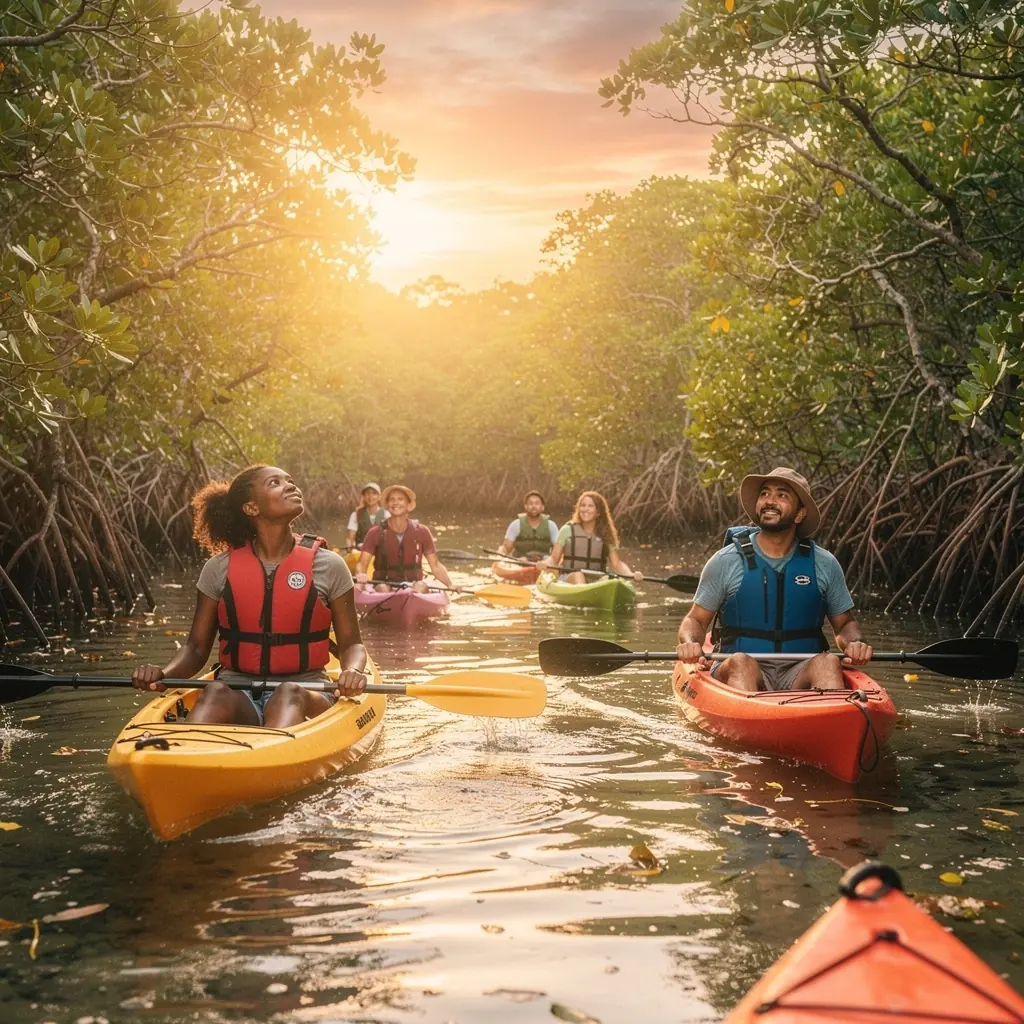 Группа людей, наслаждающихся сноркелингом в кристально чистой воде, исследуя подводный мир и морские обитатели.