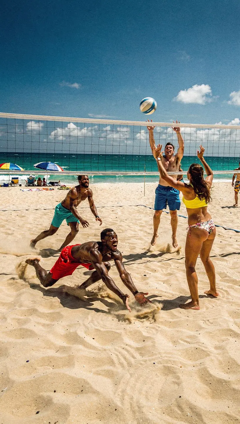 Экзотический пляж с белым песком и пальмами на фоне заката, создающий романтическую атмосферу.