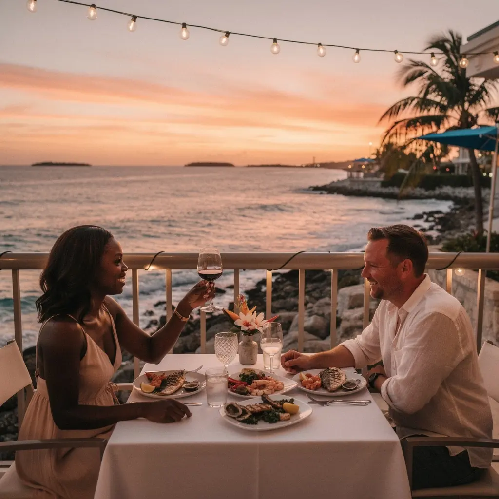 Автомобиль, проезжающий по живописному мосту с видом на бирюзовые воды.