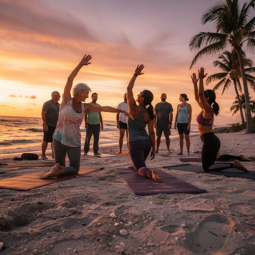 Групповое фото туристов на фоне великолепного заката над океаном.